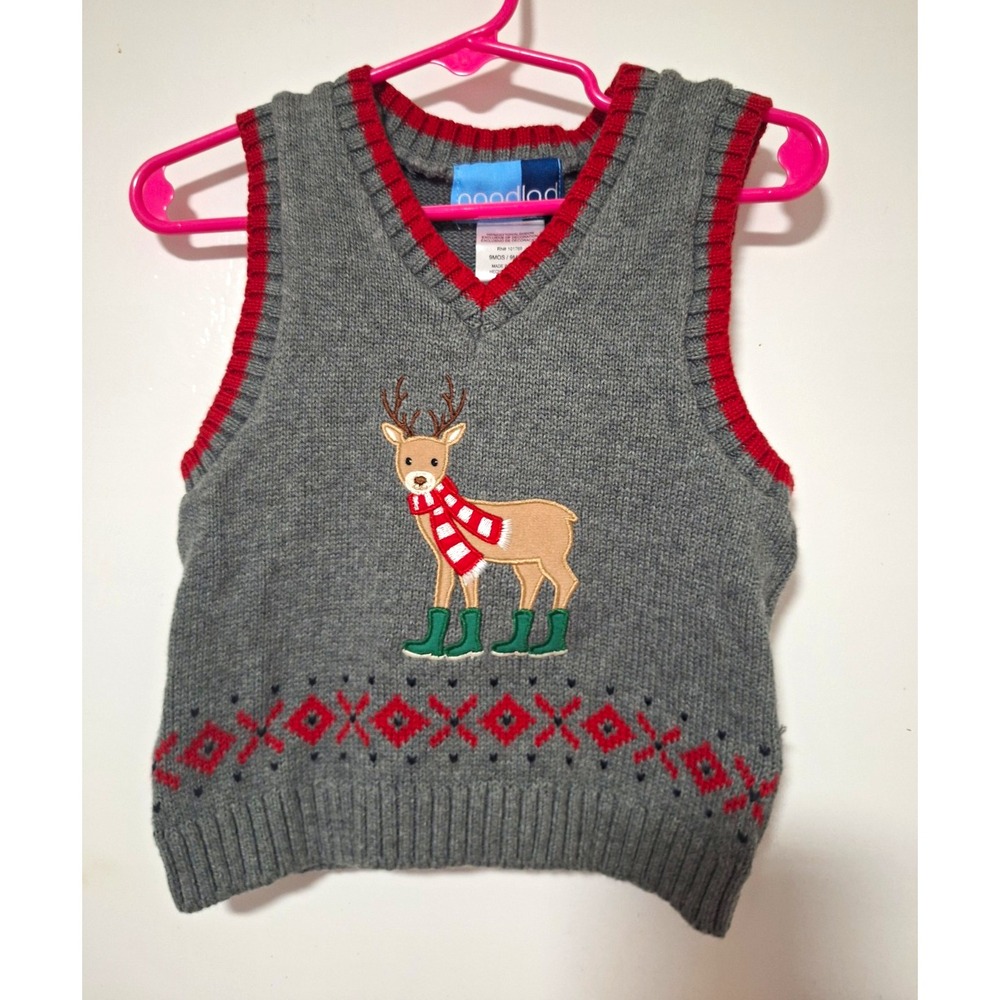 Goodlad Baby Boys Reindeer Sweater Vest Gray Red Fair Isle Christmas 9 Months